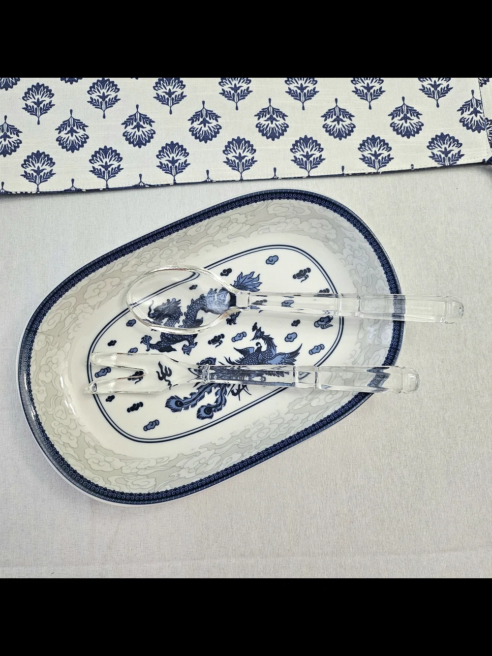 VINTAGE Clear Glass Salad Serving Set Spoon & Fork Ribbed Handle 1960s